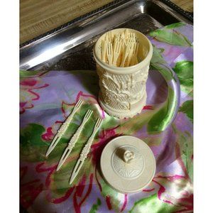 Vintage Appetizer Plastic Cocktail Forks and Holder Carved Shabby Chic Party Sho